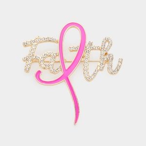 Pink Ribbon Brooch FAITH Gold Rhinestone Bow Cancer Pin Accessory Message